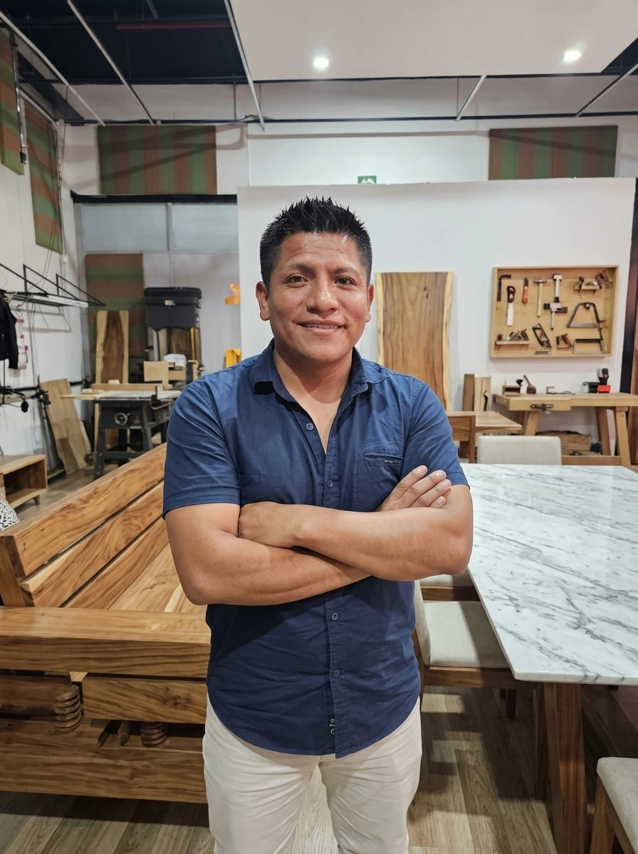 Fotografía real de Abran Lajo fundador de Muebles Layaex en su taller